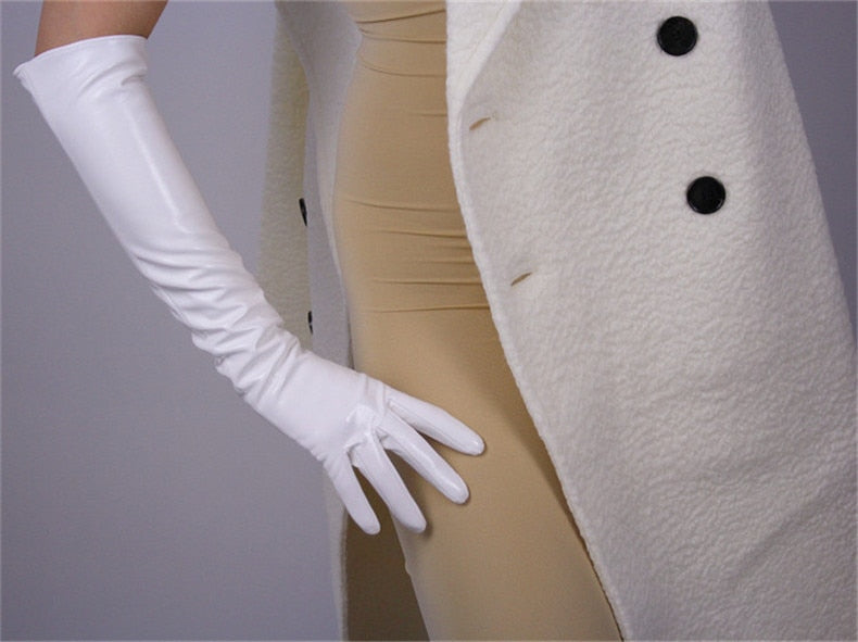 Elegant White Opera Gloves, Elbow length Patent Leather Evening Gown Gloves.Party costume, Tea Party gloves, Cyber Futuristic fashion gloves. Oh Girl Gang Gloves
