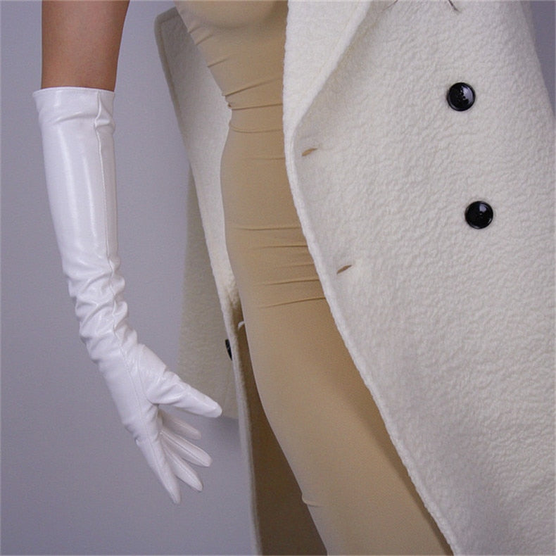 Elegant White Opera Gloves, Elbow length Patent Leather Evening Gown Gloves.Party costume, Tea Party gloves, Cyber Futuristic fashion gloves. Oh Girl Gang Gloves