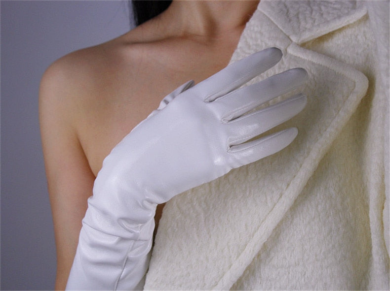 Elegant White Opera Gloves, Elbow length Patent Leather Evening Gown Gloves.Party costume, Tea Party gloves, Cyber Futuristic fashion gloves. Oh Girl Gang Gloves