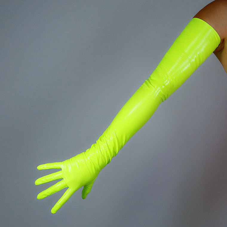 Shiny/Matt Latex Long Gloves, Silver Yellow 70cm Long Ultra Thin High Elastic Touch Screen Latex PU Gloves Drag Stage Festival Gloves