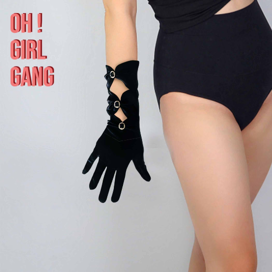 Vintage 1920's Style - Black Bow Ruffled Gloves with Rhinestone Buttons, Ribbon Flapper Gloves, Gatsby Gloves, evening gloves,Party costume