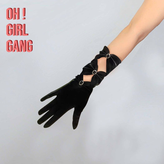 Vintage 1920's Style - Black Bow Ruffled Gloves with Rhinestone Buttons, Ribbon Flapper Gloves, Gatsby Gloves, evening gloves,Party costume
