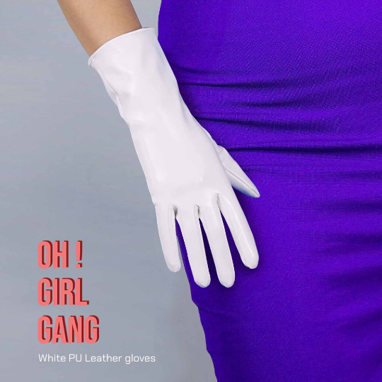 White Gloves Faux Patent Leather Drag Stage gloves, Festival Party costume gloves, Cyber Futuristic fashion gloves