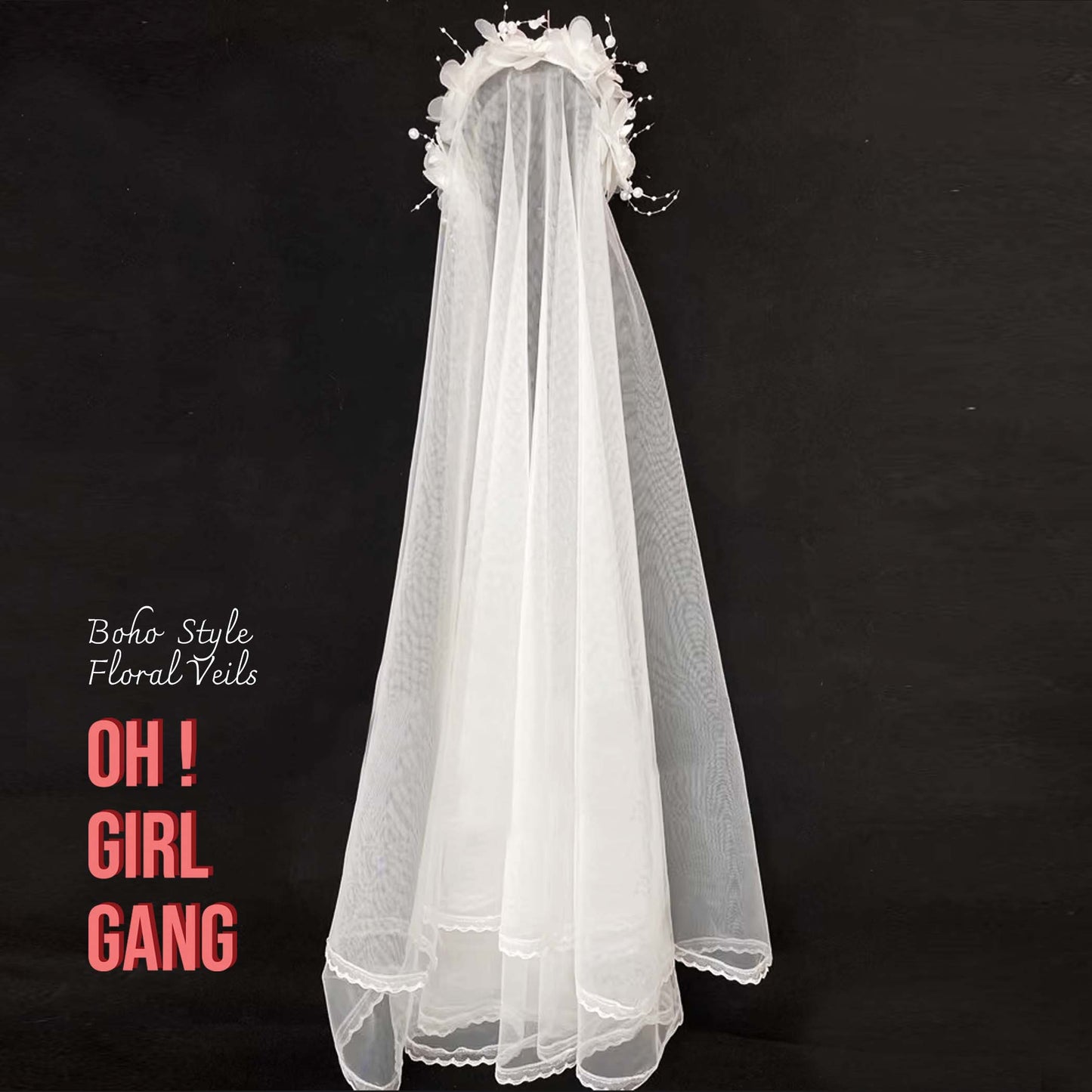 Boho Style Floral Bridal Veil, Handmade 3D flowers Fingertips-Length, Easy wearing Headband Veil, photoshoot, Bachelorette Party Reception