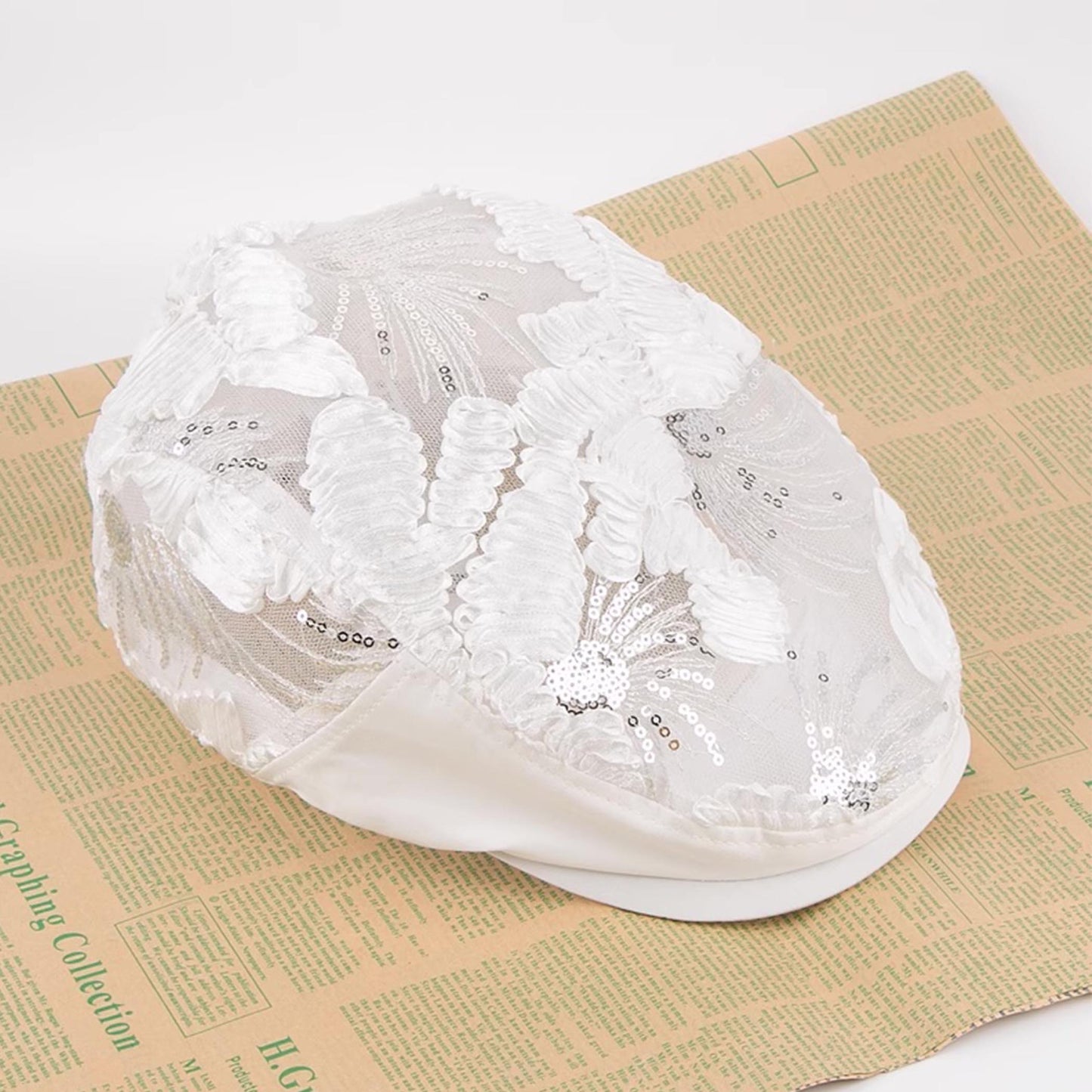 White Lace Floral Pattern sequin flat cap unisex summer hat, driver cap, black, white, lace metallic sequin newsboy cap, Bridal baker cap