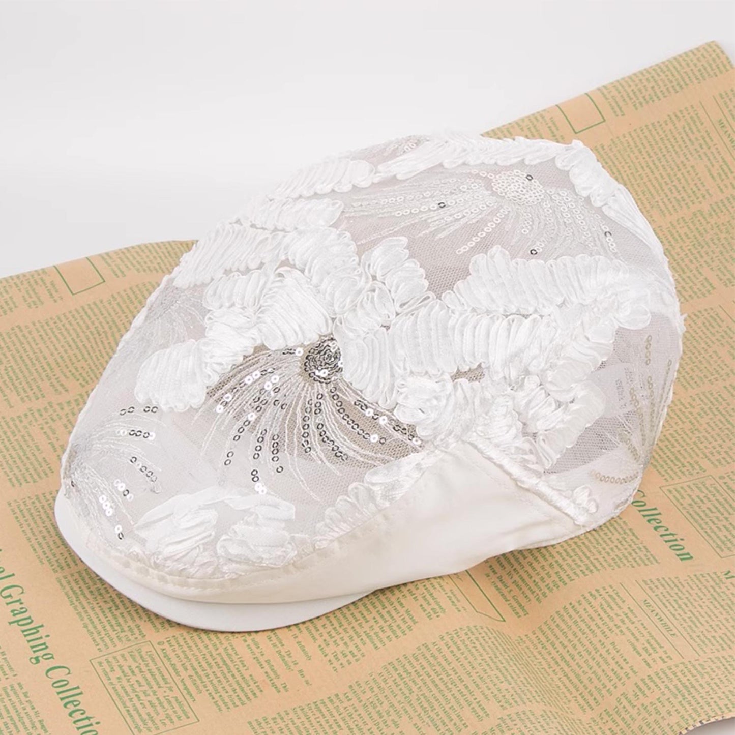 White Lace Floral Pattern sequin flat cap unisex summer hat, driver cap, black, white, lace metallic sequin newsboy cap, Bridal baker cap