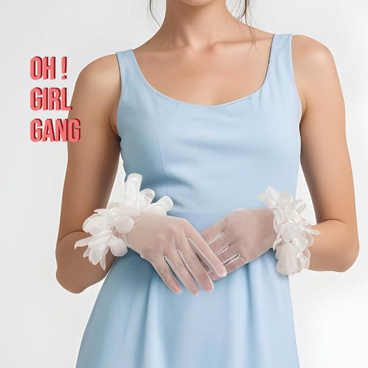 White Flower Bridal Short Gloves | Elegant Tulle Evening Gown Gloves | Tea Party Short Mesh Gloves | 24cm Long gloves elegant occasion.