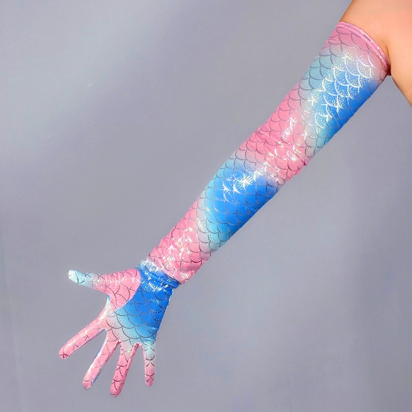 Mermaid Fish Scale Long Opera Gloves (holographic, muted rainbow),Ultra Thin Satiny Stretch Mermaid Costume, Rave, 70s Disco, dance drag performer, hen do outfits. Oh Girl Gang