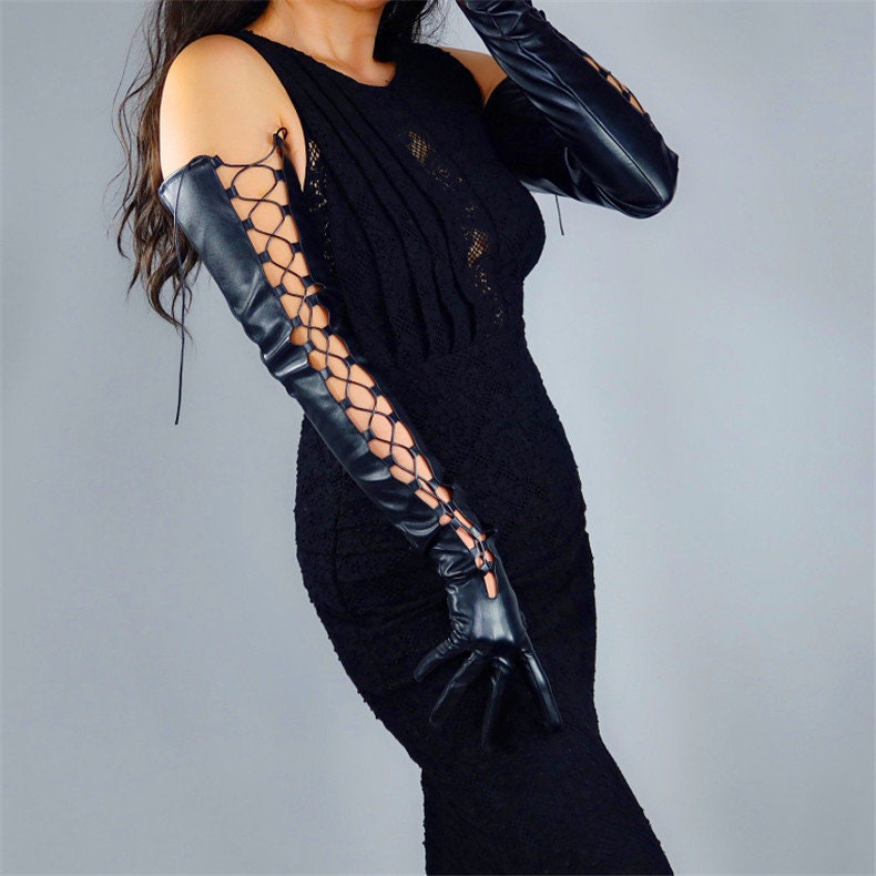 Red Lace-up Leather Gloves, 70cm Long Leather Gloves, Punk black genuine leather / faux leather gloves, Costume Gloves. Oh Girl Gang Gloves
