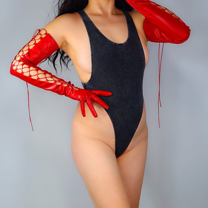 Red Lace-up Leather Gloves, 70cm Long Leather Gloves, Punk black genuine leather / faux leather gloves, Costume Gloves. Oh Girl Gang Gloves