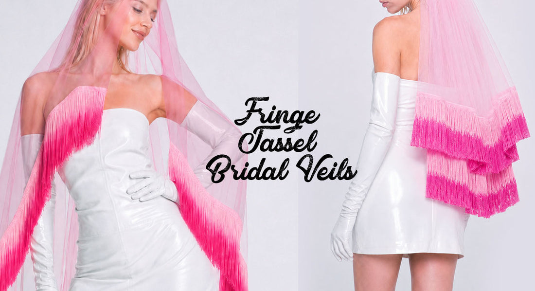 Discover Oh Girl Gang fringe tassel bridal veils — colorful, custom-made wedding veils with soft tulle and playful tassel details for unique brides, bridal parties, bachelorette looks, and bohemian weddings.