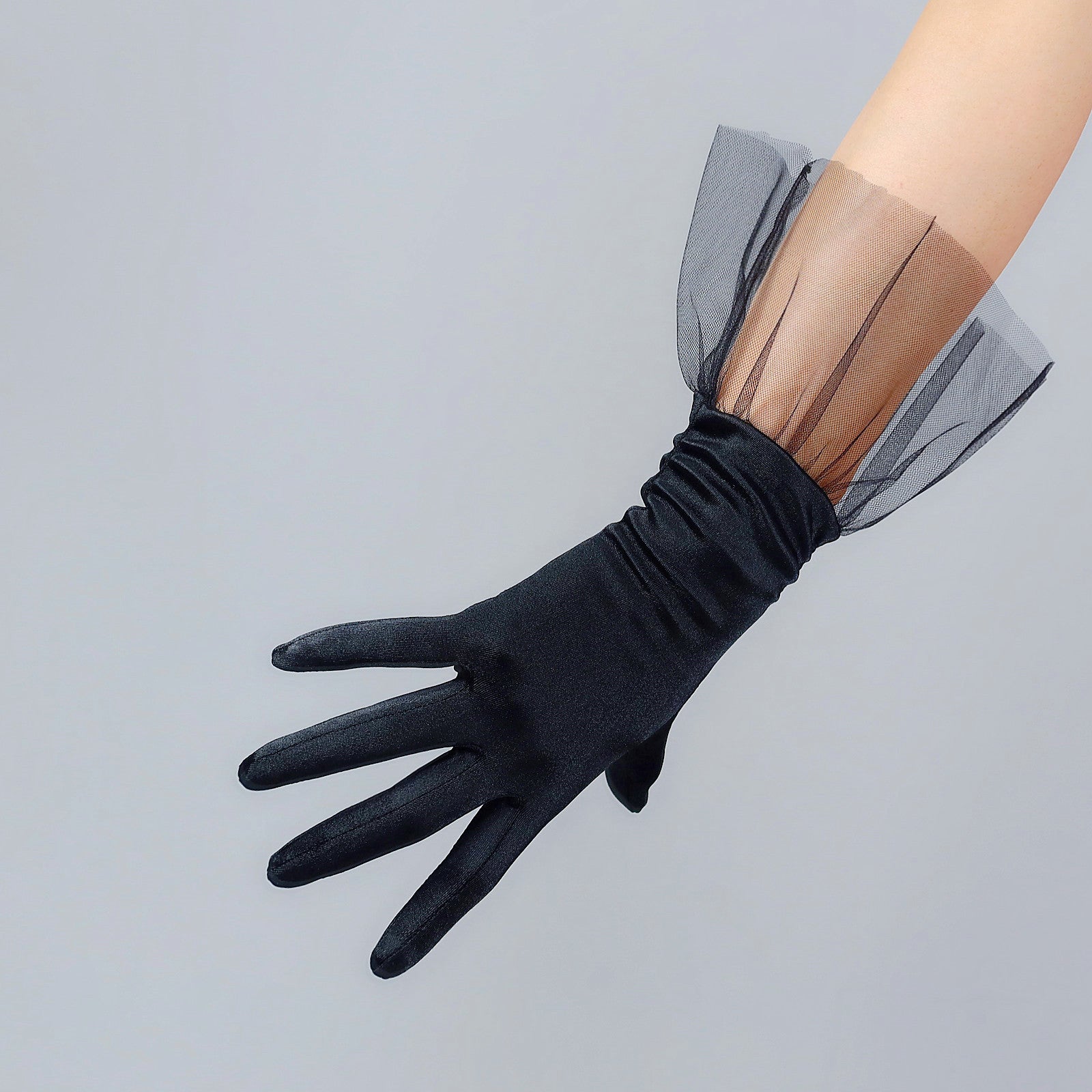Satin Short Gloves with Tulle Ruffles