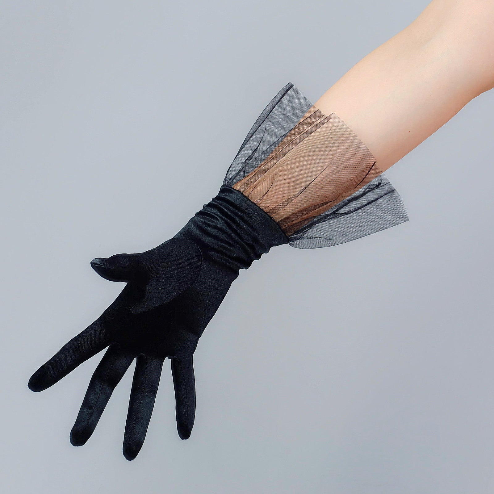 Satin Short Gloves with Tulle Ruffles