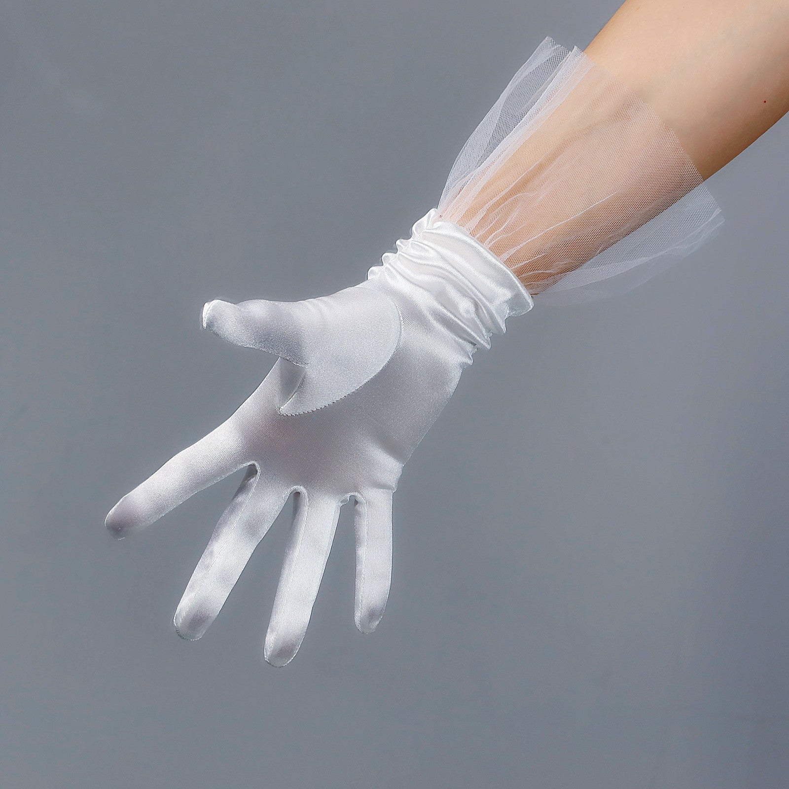 Satin Short Gloves with Tulle Ruffles