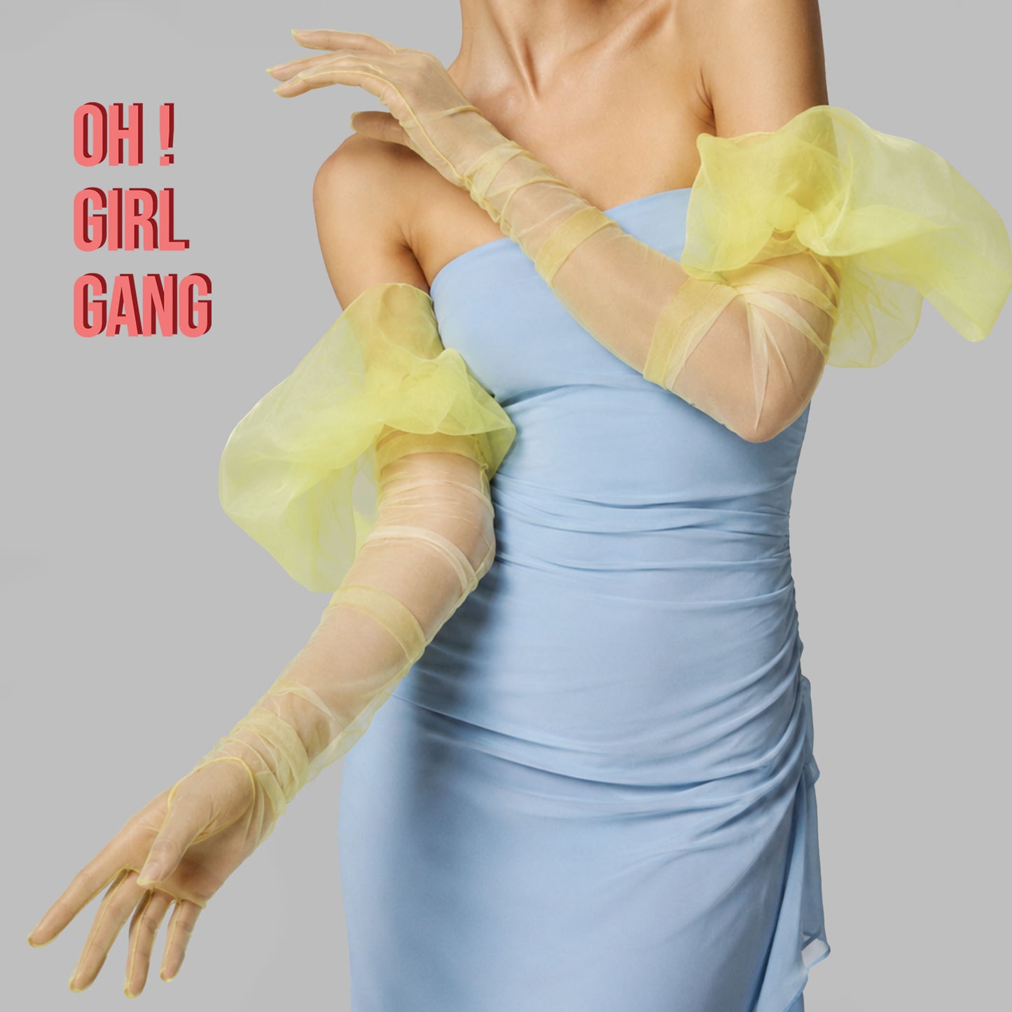 Yellow Tulle Opera Gloves with Puffs (90cm)