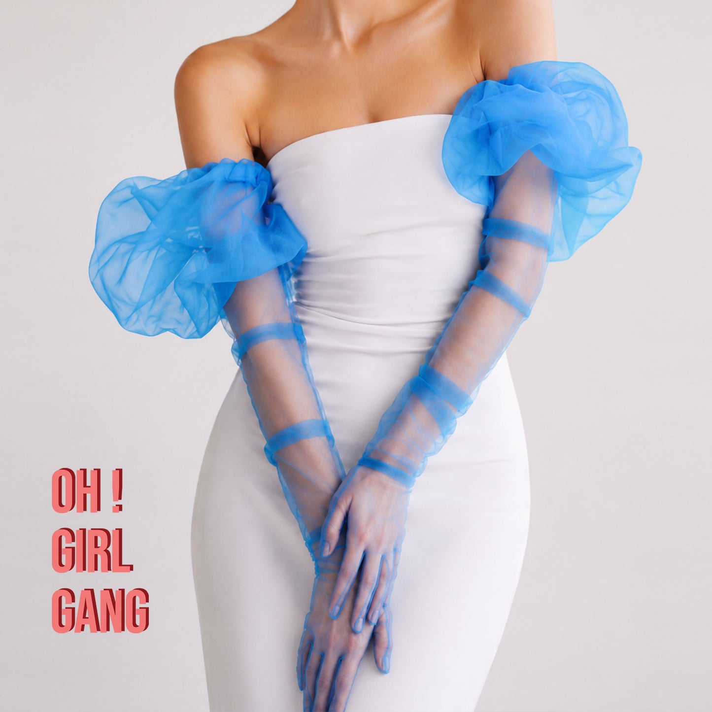 Blue Tulle Opera Gloves with Puffs (90cm)