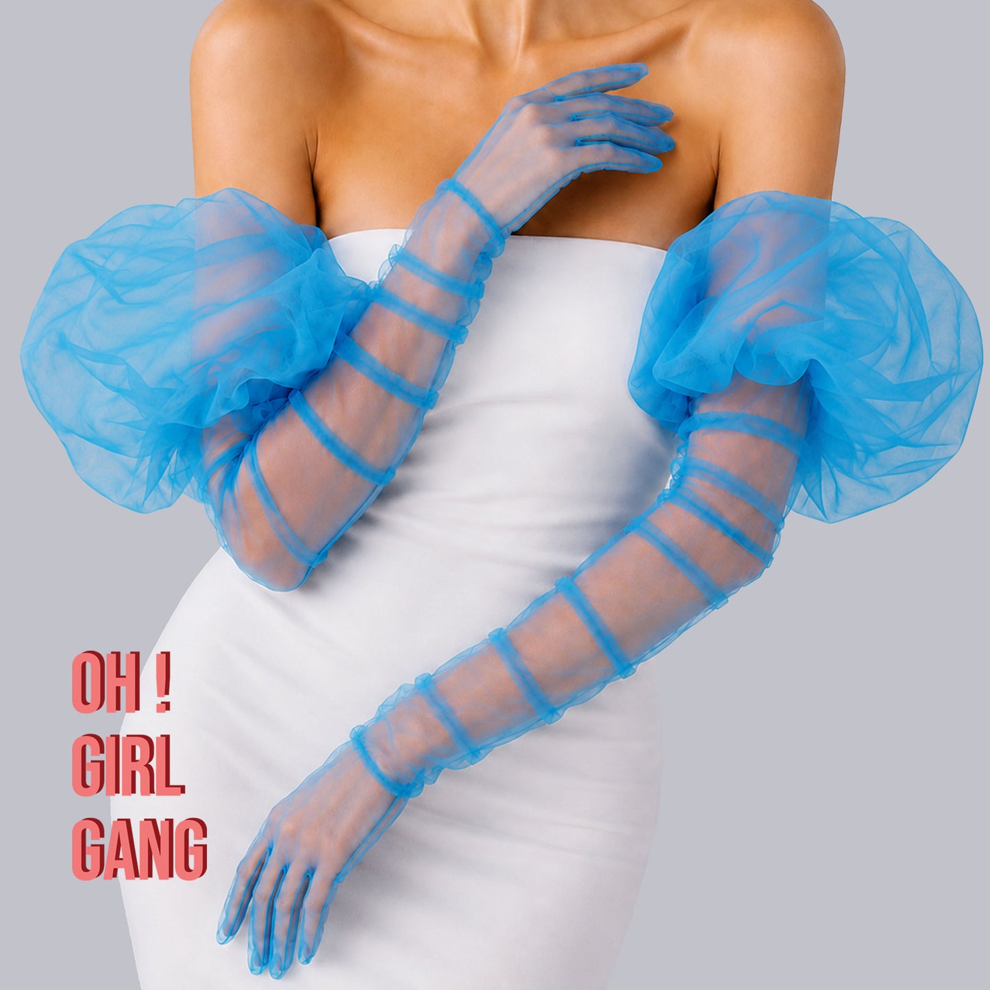 Blue Tulle Opera Gloves with Puffs (90cm)