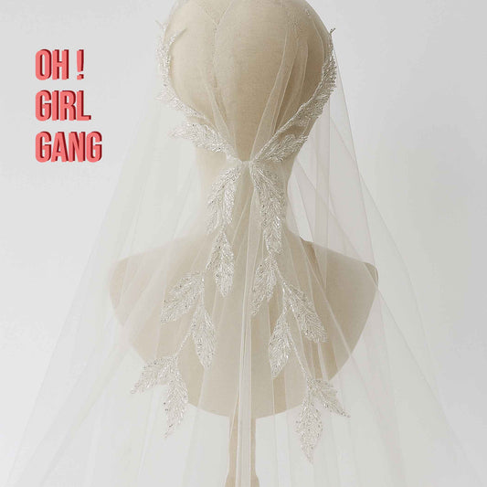 Boho Bridal Veil with Beaded Leaf Appliqué Juliet Cap Veil