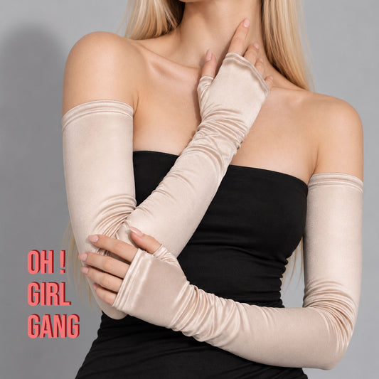 Beige satin Half Finger Silky Satin Opera Gloves (70cm Long)