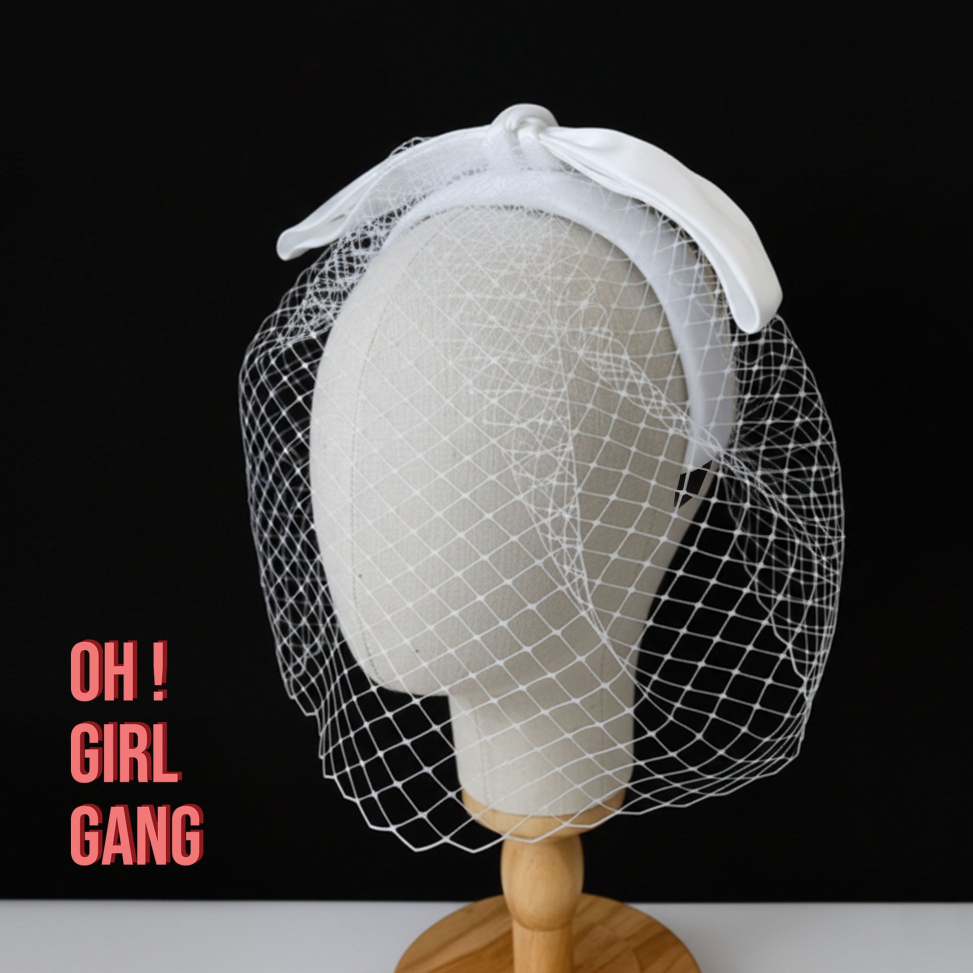 Bridal Birdcage Veil with White Bow – Vintage 1940s Short Hair Headband - Oh Girl Gang bridal