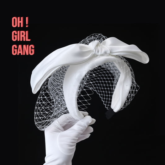Bridal Birdcage Veil with White Bow – Vintage 1940s Short Hair Headband - Oh Girl Gang bridal