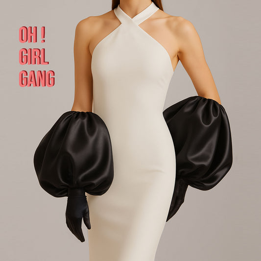 Black Satin Bubble Puff Gloves (Elbow Length)