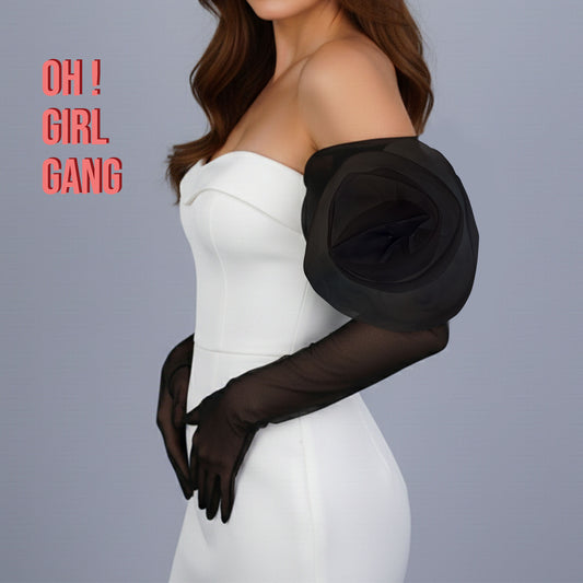 Rose Flower Organza Tulle Opera Gloves : Black