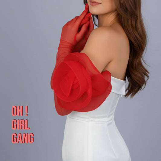 Red Rose Organza Tulle Opera Gloves: Bachelorette, Prom, Evening Dress, Drag Queen. Available in Black and White