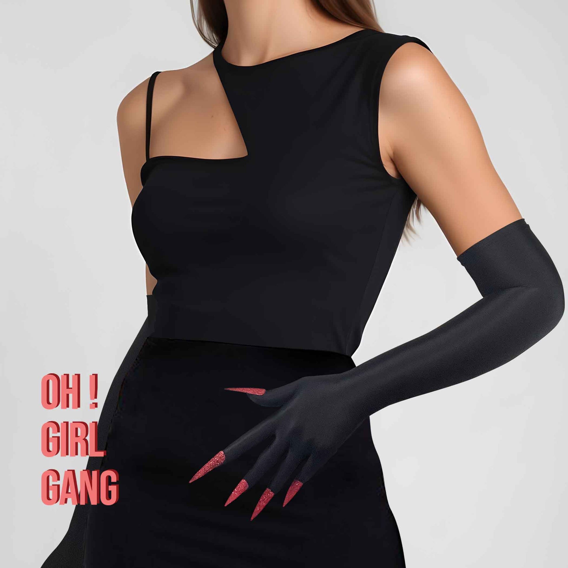 Red Glitter Nails Spandex Long Gloves,  Matt Black Ultra Thin Stretchy, Devils Inspired & Drag Gloves, Raves Concert Festival Stage Costume