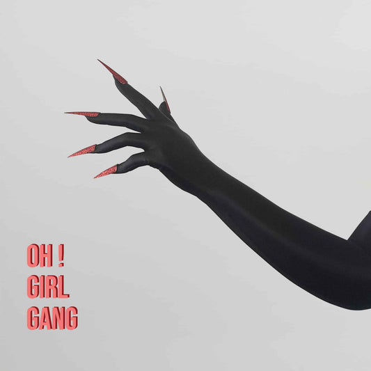 Red Glitter Nails Spandex Long Gloves,  Matt Black Ultra Thin Stretchy, Devils Inspired & Drag Gloves, Raves Concert Festival Stage Costume