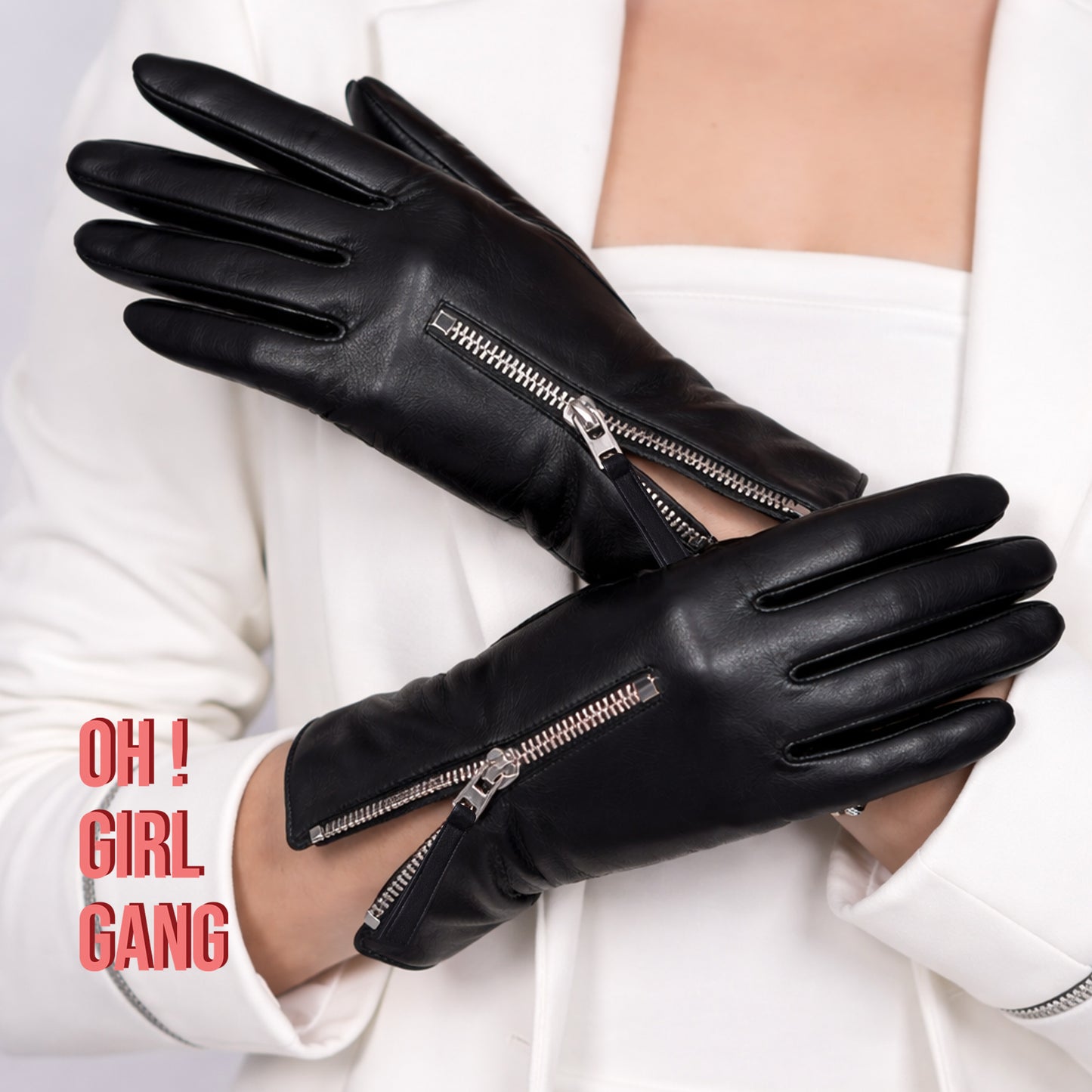 Genuine Leather Short Gloves with Zipper – Black Leather Gloves – Statement Gloves 