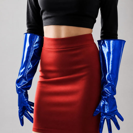 Metallic Blue Faux Leather Gloves: Cyber Rave Costume (70cm, 60cm, 50cm) Party Statement