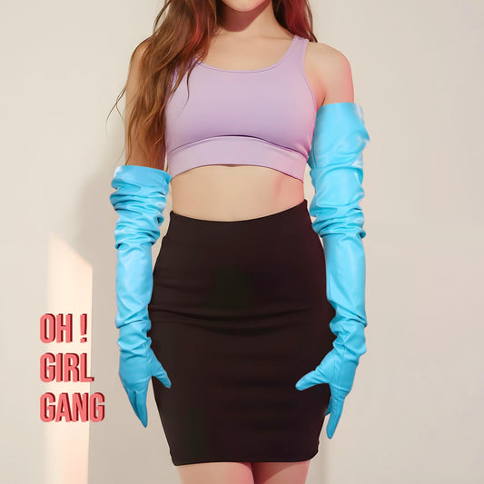 Bright Blue Wide Sleeves Faux Leather Gloves