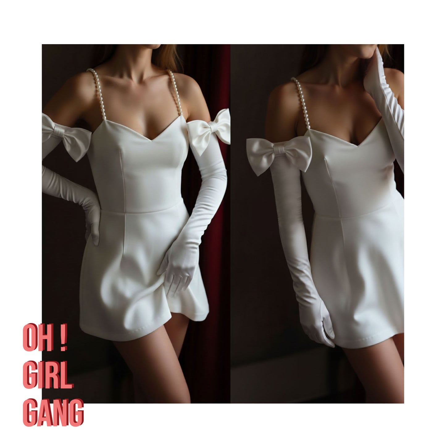 White dress with bow details and white gloves on a dark background, featuring 'OH! GIRL GANG' text.