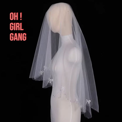 Chic Bridal Blusher Veil with Crystals and Bow