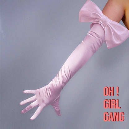 Light Pink Big Bow Opera Gloves (Satin)