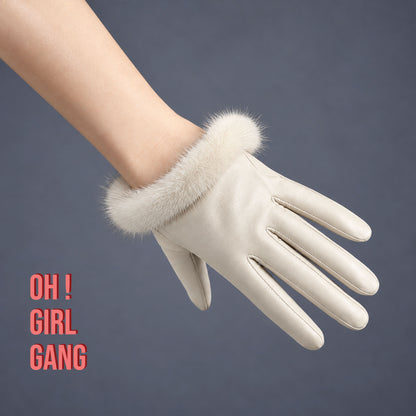 White Leather Half-Palm Gloves with Fur Trim