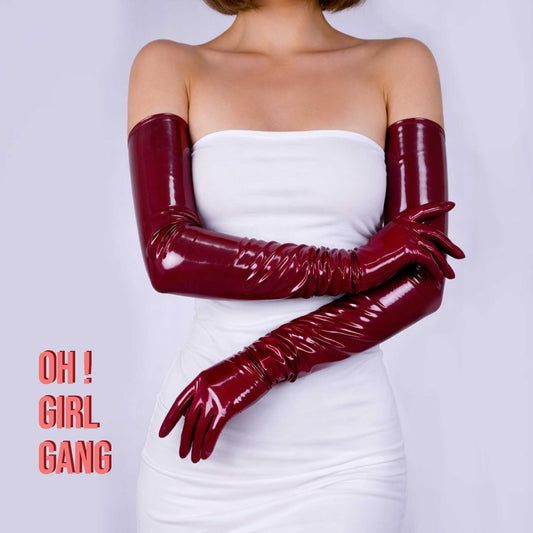 Latex PU Long Gloves (70cm) Burgundy