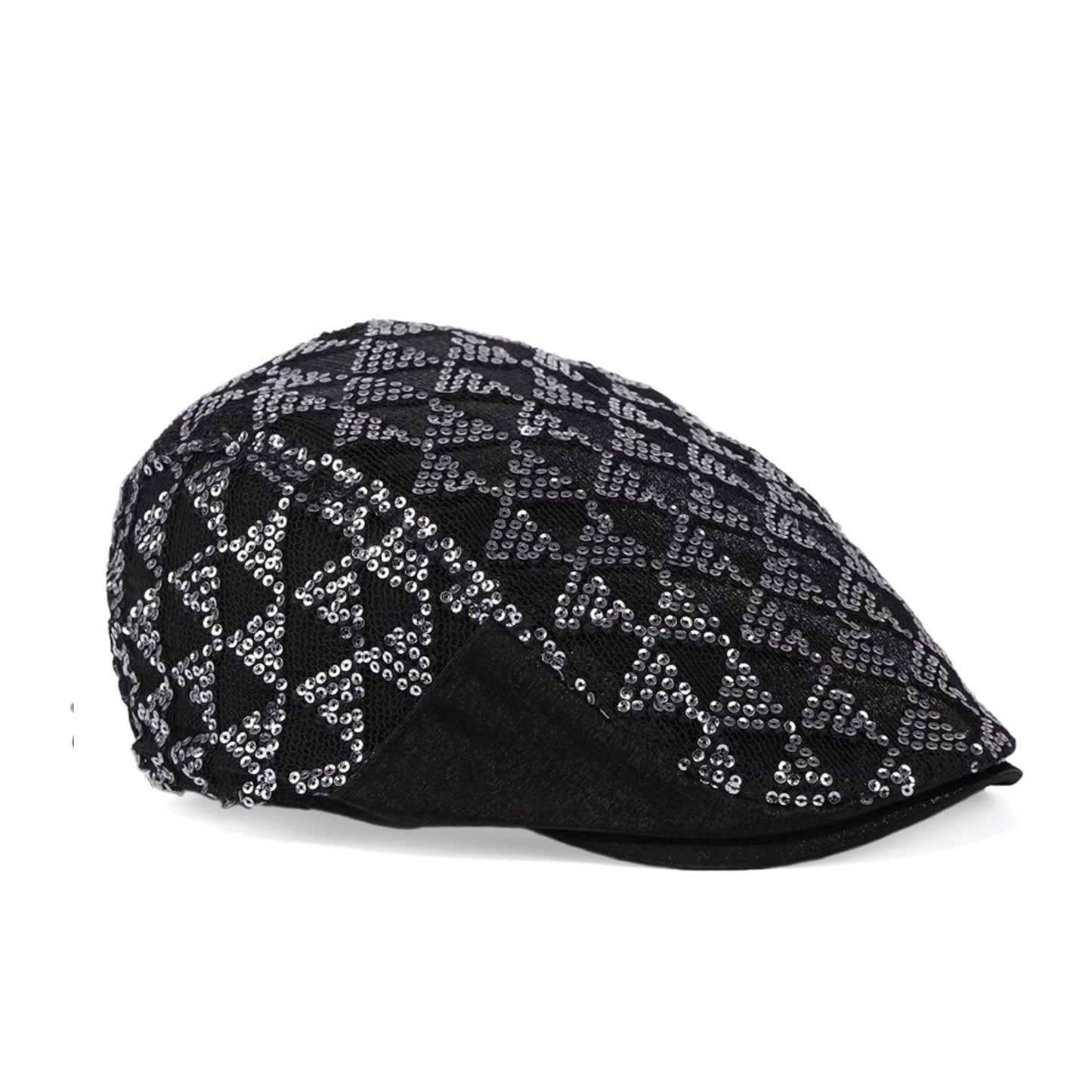 Shiny Pattern Sequin Flat Cap, Checkered pattern sequin driver cap, Black newsboy cap, Silver metallic baker cap, Street Fashion style