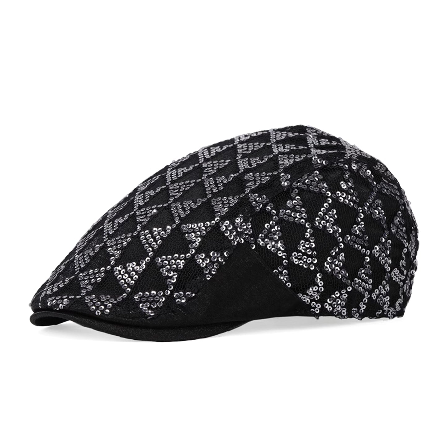 Shiny Pattern Sequin Flat Cap, Checkered pattern sequin driver cap, Black newsboy cap, Silver metallic baker cap, Street Fashion style