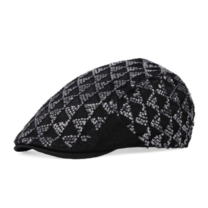 Shiny Pattern Sequin Flat Cap, Checkered pattern sequin driver cap, Black newsboy cap, Silver metallic baker cap, Street Fashion style