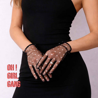 Crocheted Black Gloves with white Polka Dot Gloves