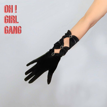 Vintage 1920's Style - Black Bow Ruffled Gloves with Rhinestone Buttons, Ribbon Flapper Gloves, Gatsby Gloves, evening gloves,Party costume