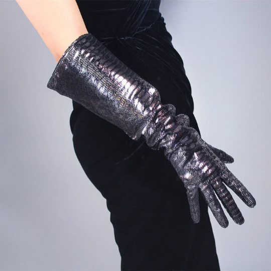 Shiny Metallic Genuine Leather Gloves, Dark Silver Party Costume Gloves, Cyber futuristic fashion, Cyberpunk Music festival outfits.