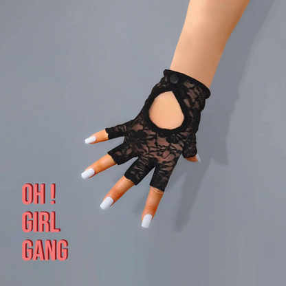 Black Lace Biker Gloves, Stylish half finger gloves with button, Driving Gloves, Music festival concert Party gloves, Costume Gloves