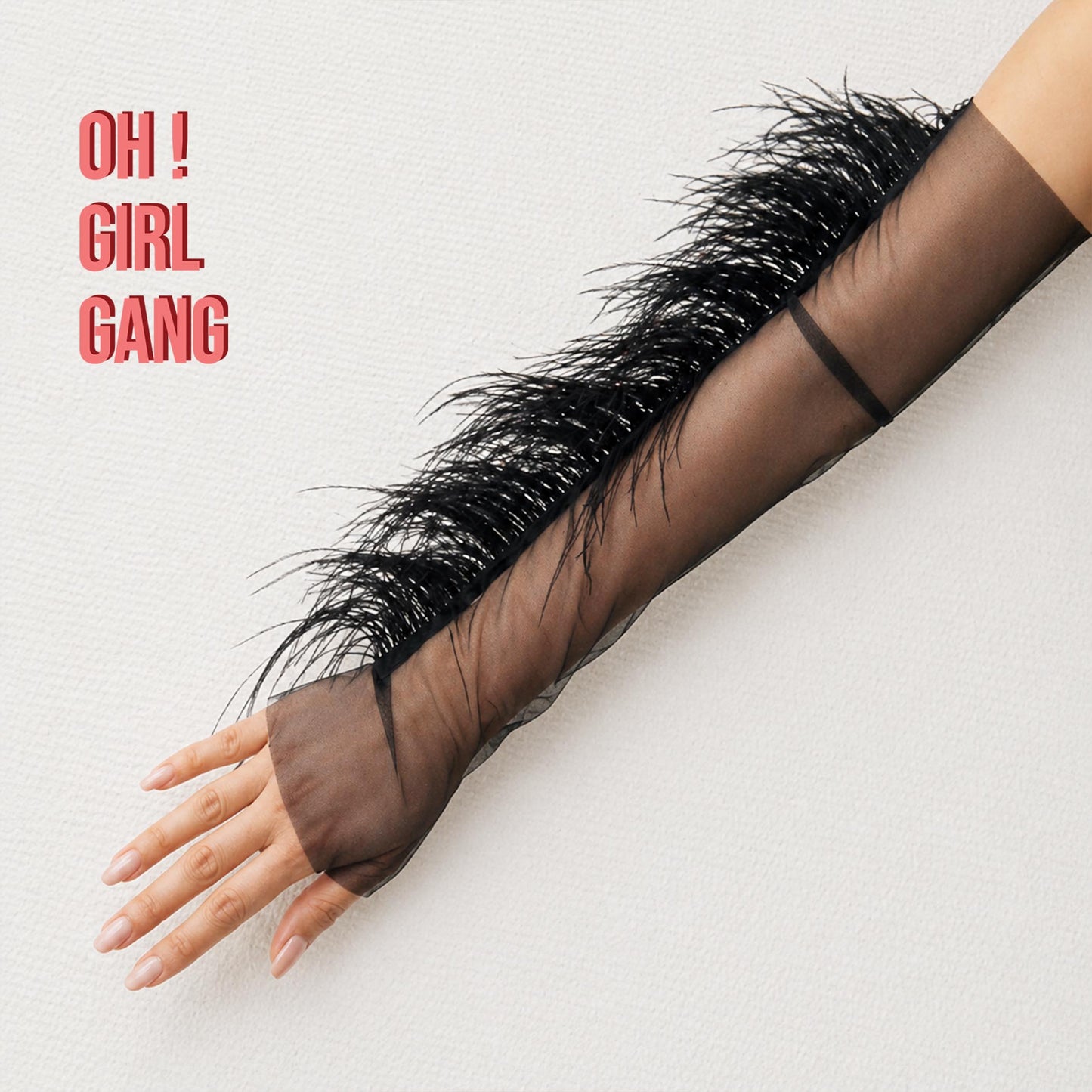 Personalised Tulle Ostrich Feather Gloves (Black / White) half finger gloves 