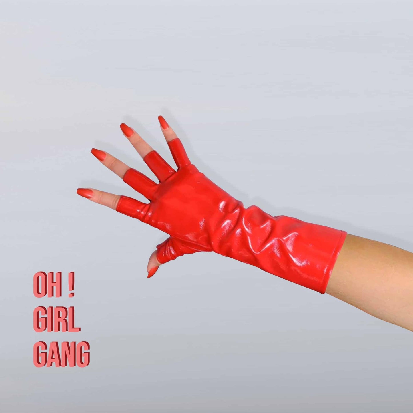 Chic Black Faux Leather Fingerless Gloves, Red, Pink Patient Leather Half Finger gloves Cyber Y2k, Drag Queen, Stage, Festival Party gloves.