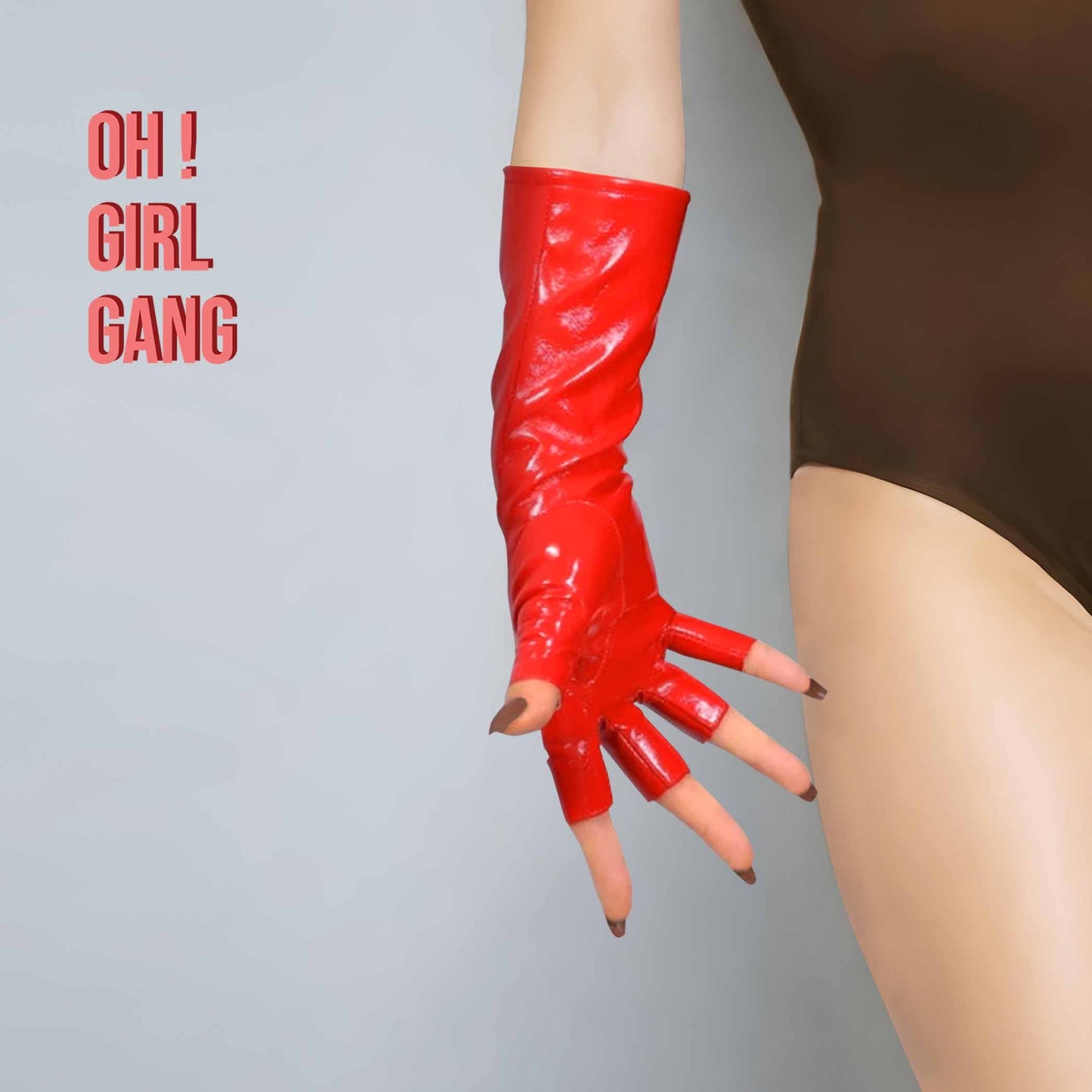 Chic Black Faux Leather Fingerless Gloves, Red, Pink Patient Leather Half Finger gloves Cyber Y2k, Drag Queen, Stage, Festival Party gloves.