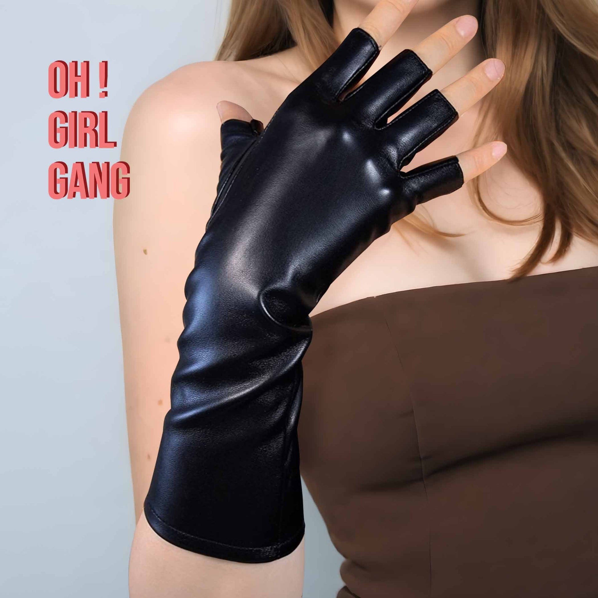Chic Black Faux Leather Fingerless Gloves, Red, Pink Patient Leather Half Finger gloves Cyber Y2k, Drag Queen, Stage, Festival Party gloves.