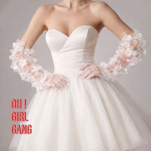 Handmade Ivory Tulle Bridal Gloves: 3D Flower Pearl Wedding Gloves, Touchscreen